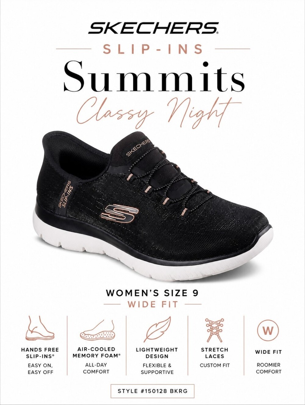 SEE VIDEO Skechers Slip-Ins Summits Classy Night Sneakers Size 9 Wide Fit